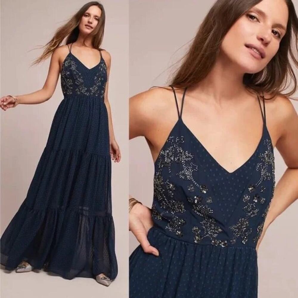 Anthropologie Ranna Gill Lucinda Beaded Maxi Dress Tiered Swiss Dot Halter 8